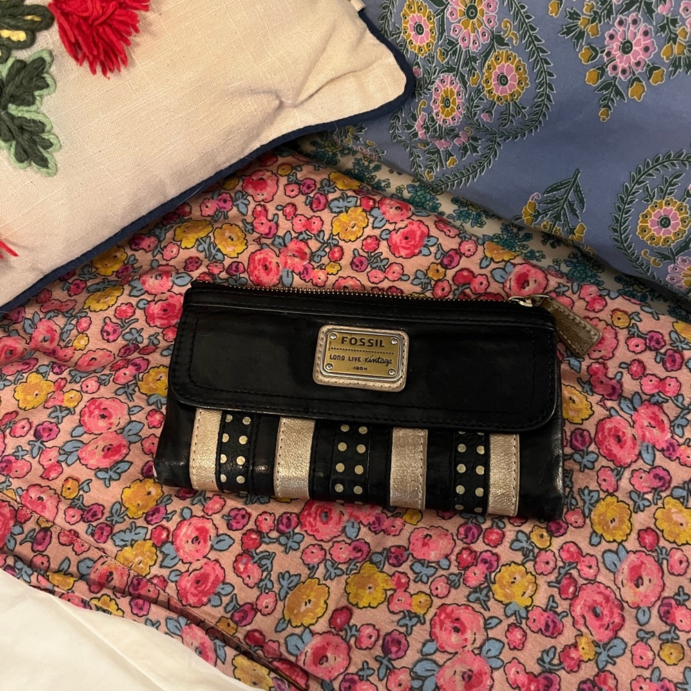 Fossil Black Wallet with Gold Metallic Stripes